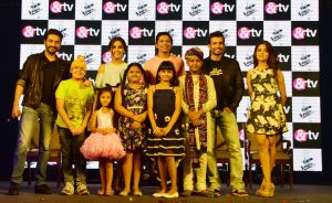  (From left) Shekhar Ravjiani, Neeti Mohan, Shaan, Jay Bhanushali, Sugandha Mishra and the kids at the launch of &TV's The Voice India Kids